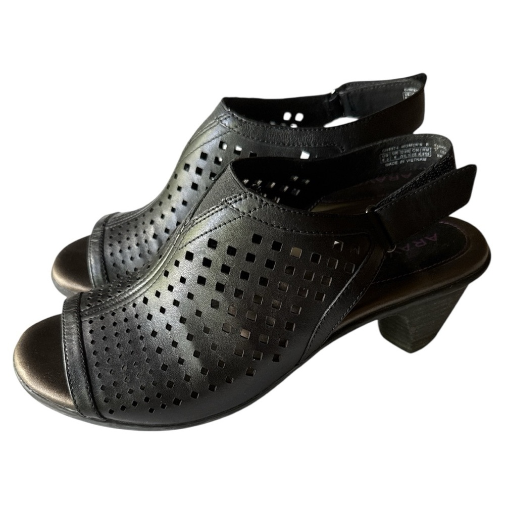 Aravon Medici Black Leather Peep Toe Perforated Slingback Heels Sandals 8.5